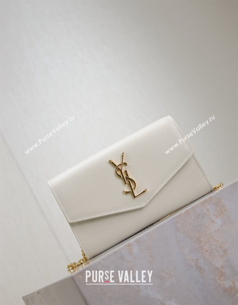Saint Laurent Uptown Chain Wallet in Grained Leather White/Gold 2025 607788 (YY-250625108)