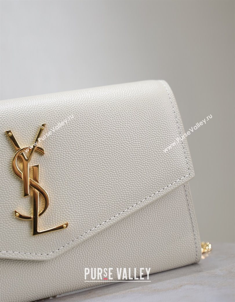 Saint Laurent Uptown Chain Wallet in Grained Leather White/Gold 2025 607788 (YY-250625108)