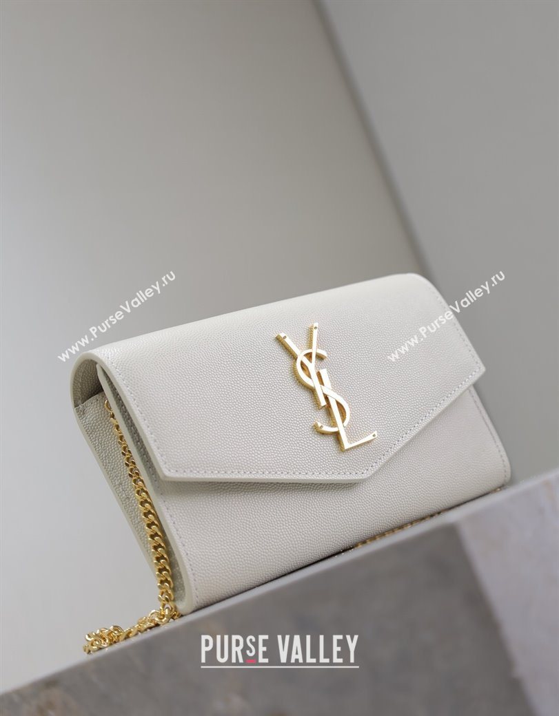 Saint Laurent Uptown Chain Wallet in Grained Leather White/Gold 2025 607788 (YY-250625108)