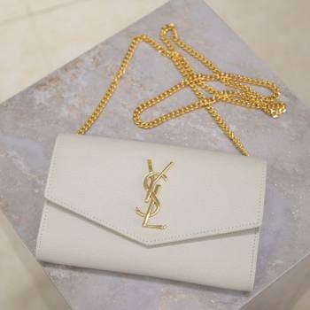 Saint Laurent Uptown Chain Wallet in Grained Leather White/Gold 2025 607788 (YY-250625108)