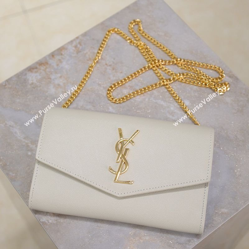 Saint Laurent Uptown Chain Wallet in Grained Leather White/Gold 2025 607788 (YY-250625108)