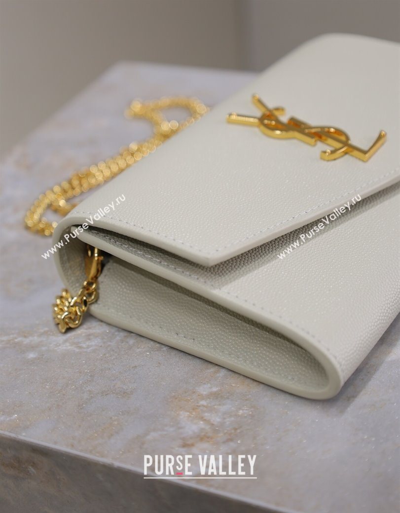 Saint Laurent Uptown Chain Wallet in Grained Leather White/Gold 2025 607788 (YY-250625108)
