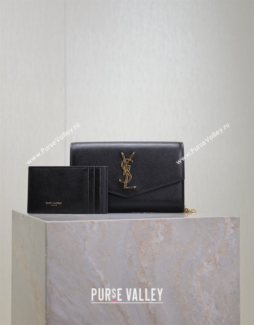 Saint Laurent Uptown Chain Wallet in Grained Leather Black/Gold 2025 607788 (YY-250625109)