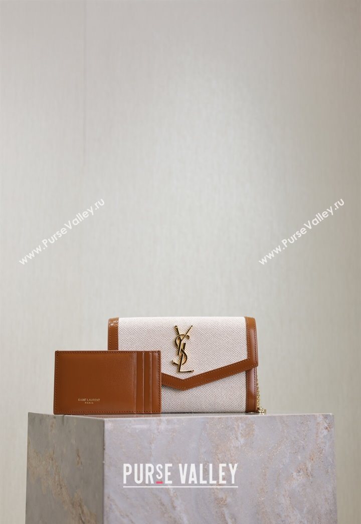 Saint Laurent Uptown Chain Wallet in Canvas and Leather Brown 2025 607788 (YY-250625112)