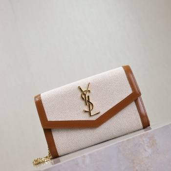 Saint Laurent Uptown Chain Wallet in Canvas and Leather Brown 2025 607788 (YY-250625112)