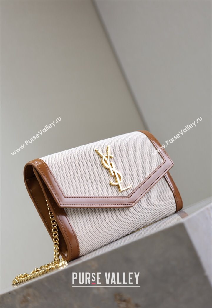Saint Laurent Uptown Chain Wallet in Canvas and Leather Brown 2025 607788 (YY-250625112)