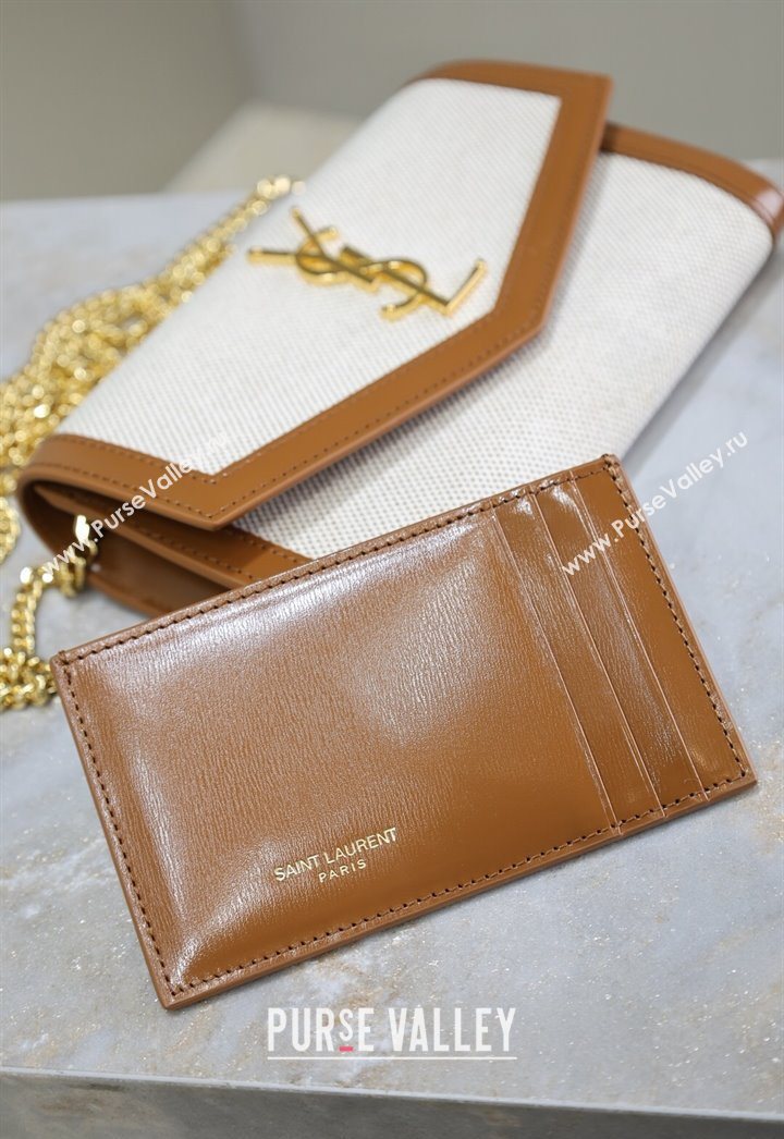 Saint Laurent Uptown Chain Wallet in Canvas and Leather Brown 2025 607788 (YY-250625112)