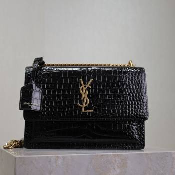 Saint Laurent Sunset Medium Bag in Crocodile Embossed Leather 442906 Black/Gold 2025 (YY-250625088)