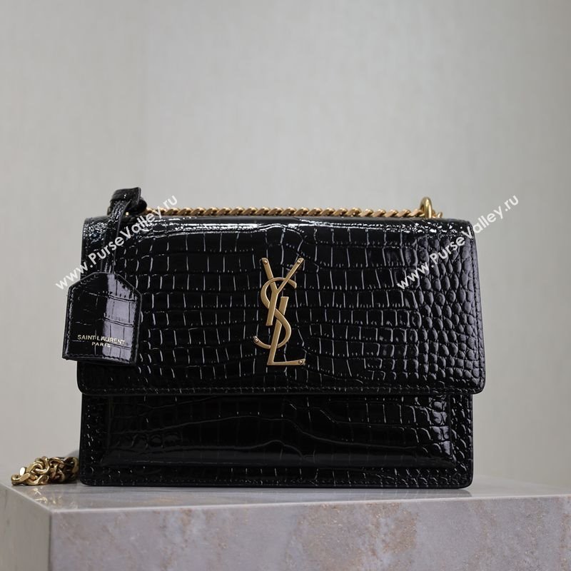 Saint Laurent Sunset Medium Bag in Crocodile Embossed Leather 442906 Black/Gold 2025 (YY-250625088)