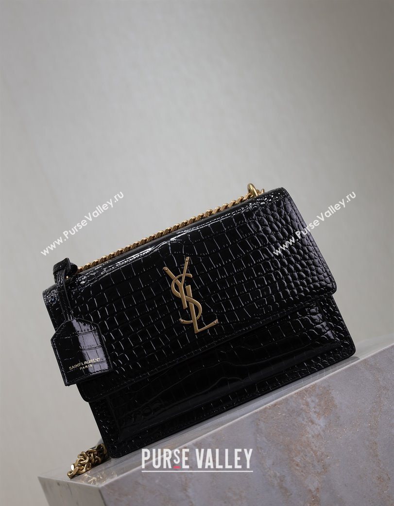 Saint Laurent Sunset Medium Bag in Crocodile Embossed Leather 442906 Black/Gold 2025 (YY-250625088)