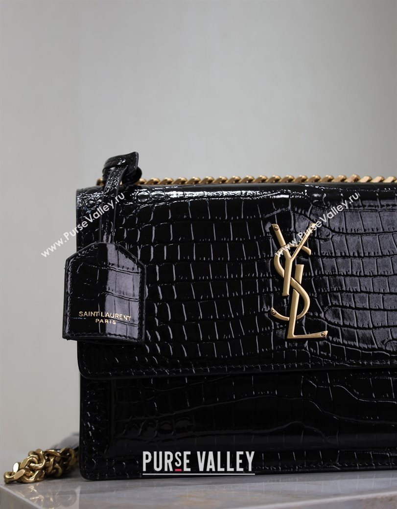 Saint Laurent Sunset Medium Bag in Crocodile Embossed Leather 442906 Black/Gold 2025 (YY-250625088)