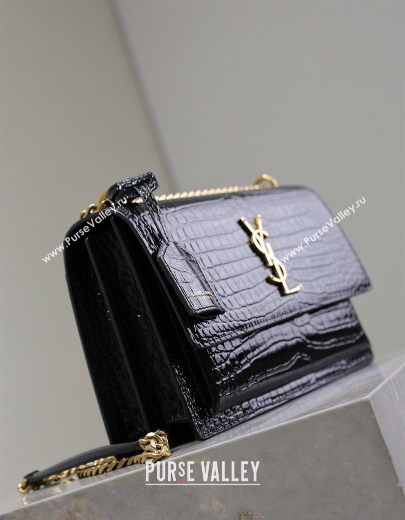 Saint Laurent Sunset Medium Bag in Crocodile Embossed Leather 442906 Black/Gold 2025 (YY-250625088)