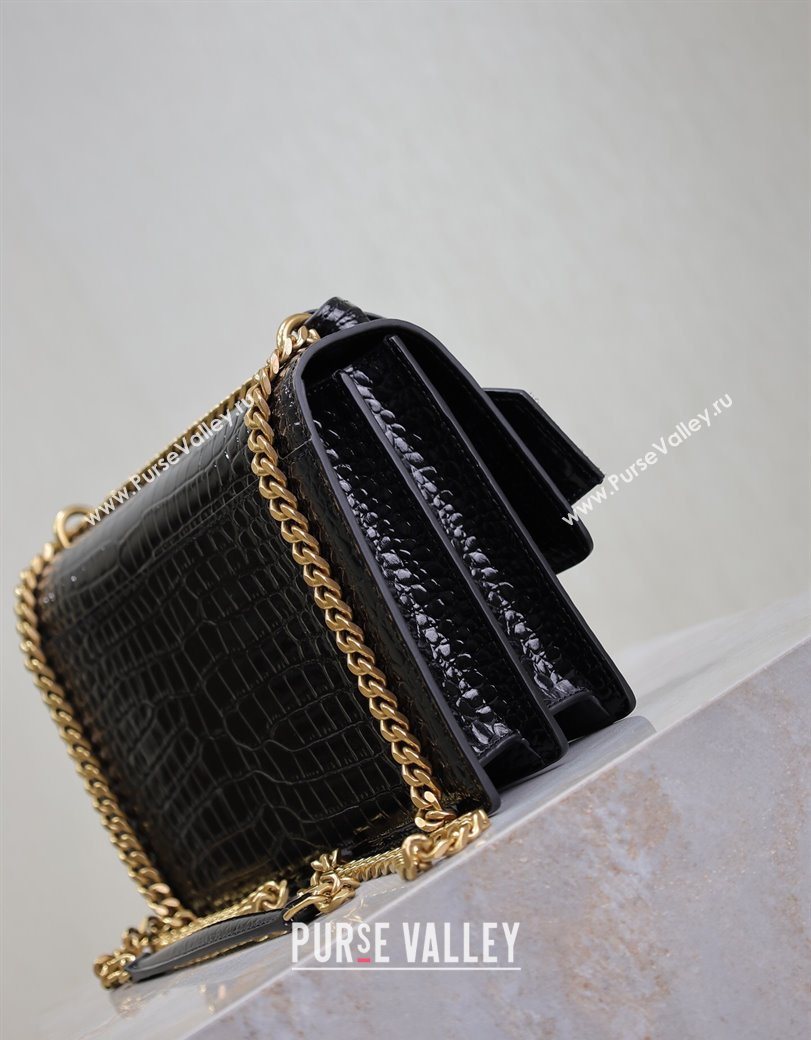 Saint Laurent Sunset Medium Bag in Crocodile Embossed Leather 442906 Black/Gold 2025 (YY-250625088)