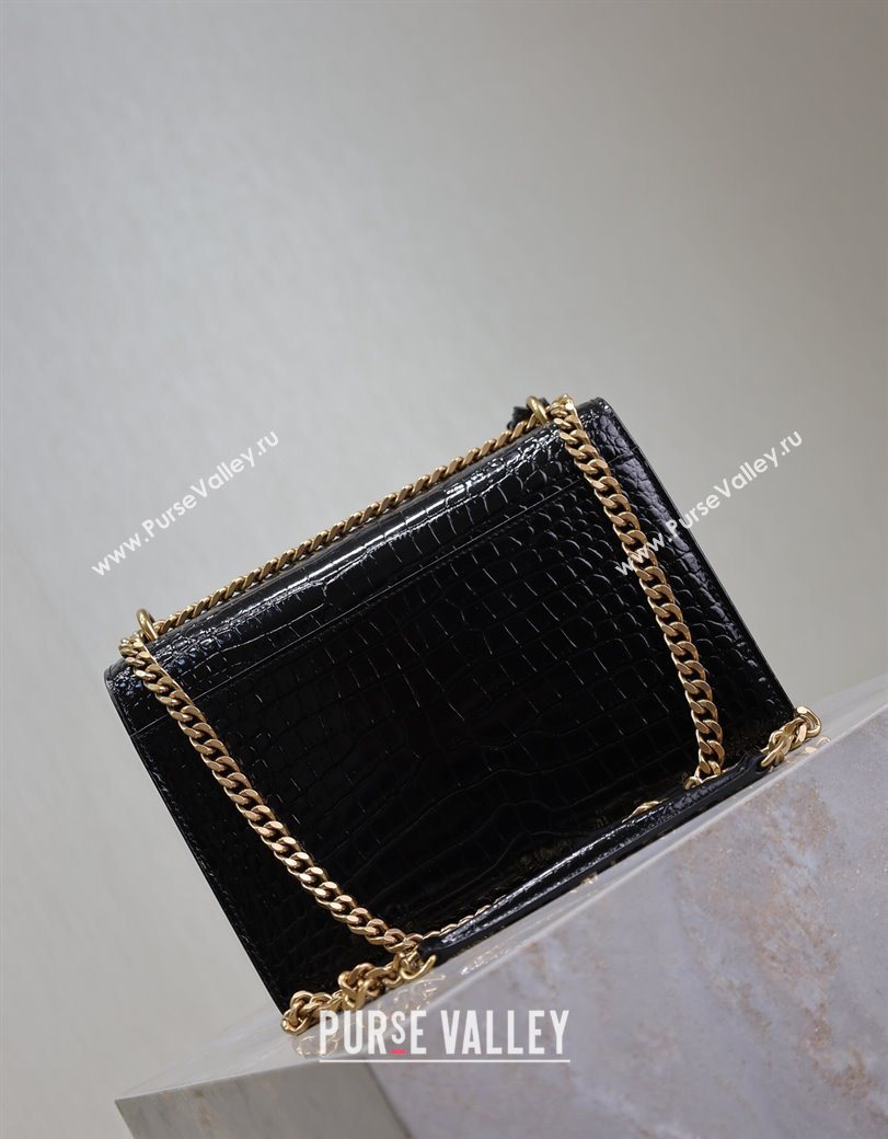 Saint Laurent Sunset Medium Bag in Crocodile Embossed Leather 442906 Black/Gold 2025 (YY-250625088)