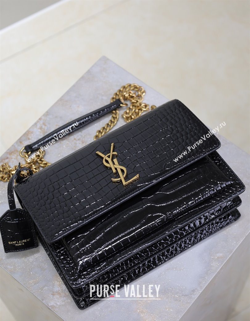 Saint Laurent Sunset Medium Bag in Crocodile Embossed Leather 442906 Black/Gold 2025 (YY-250625088)