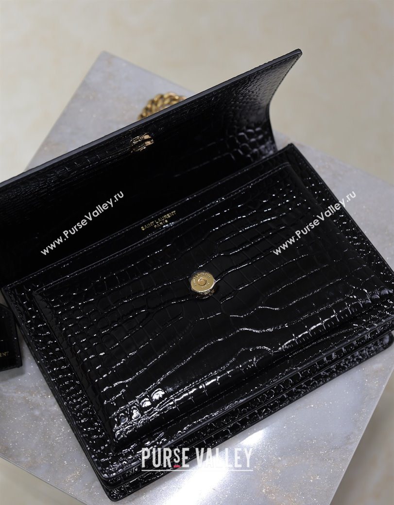 Saint Laurent Sunset Medium Bag in Crocodile Embossed Leather 442906 Black/Gold 2025 (YY-250625088)