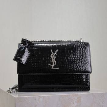 Saint Laurent Sunset Medium Bag in Crocodile Embossed Leather 442906 Black/Silver 2025 (YY-250625089)