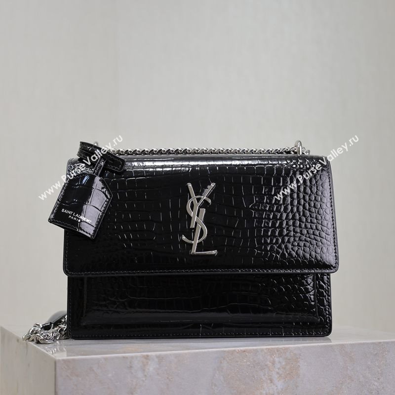 Saint Laurent Sunset Medium Bag in Crocodile Embossed Leather 442906 Black/Silver 2025 (YY-250625089)