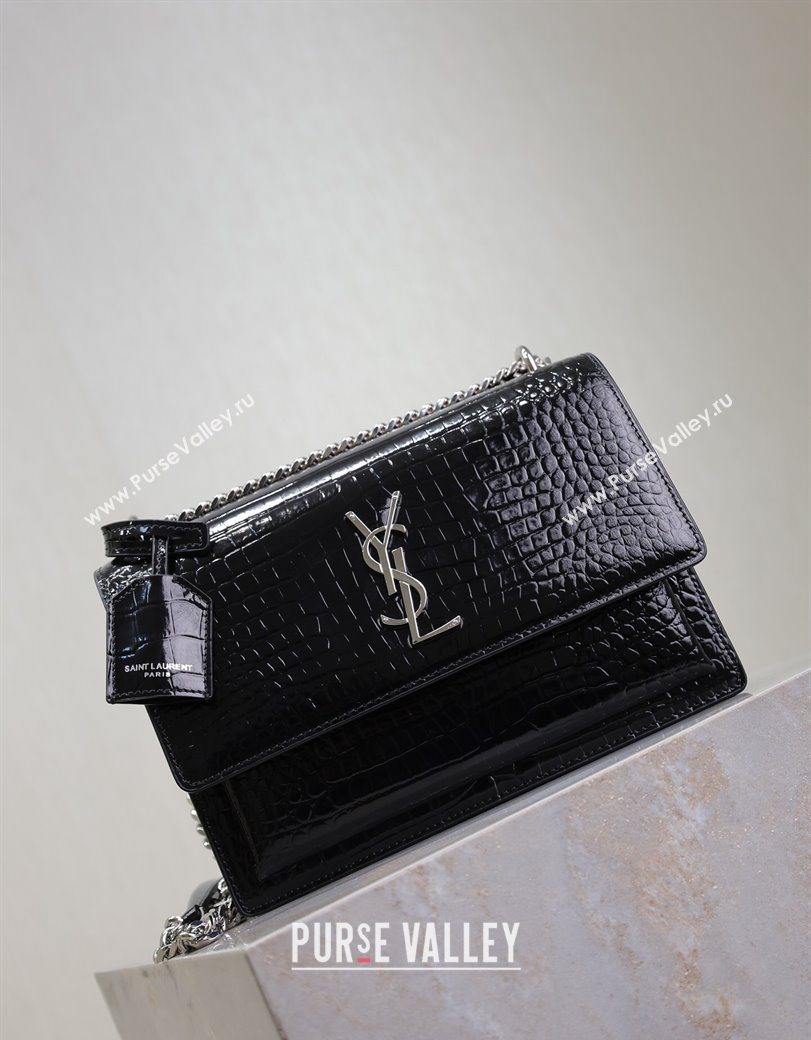 Saint Laurent Sunset Medium Bag in Crocodile Embossed Leather 442906 Black/Silver 2025 (YY-250625089)