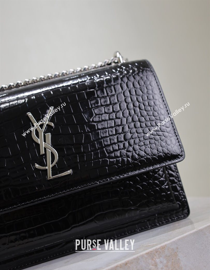 Saint Laurent Sunset Medium Bag in Crocodile Embossed Leather 442906 Black/Silver 2025 (YY-250625089)