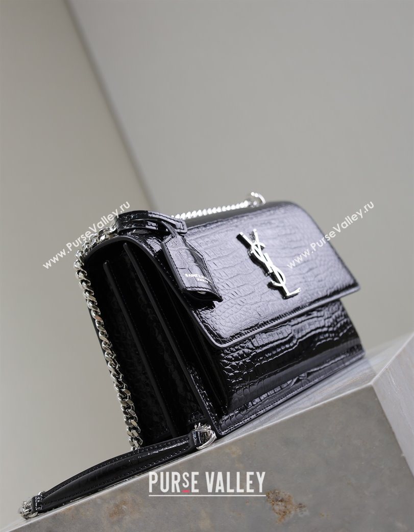 Saint Laurent Sunset Medium Bag in Crocodile Embossed Leather 442906 Black/Silver 2025 (YY-250625089)