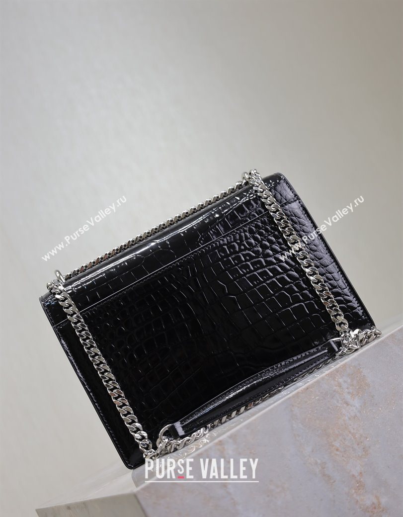 Saint Laurent Sunset Medium Bag in Crocodile Embossed Leather 442906 Black/Silver 2025 (YY-250625089)