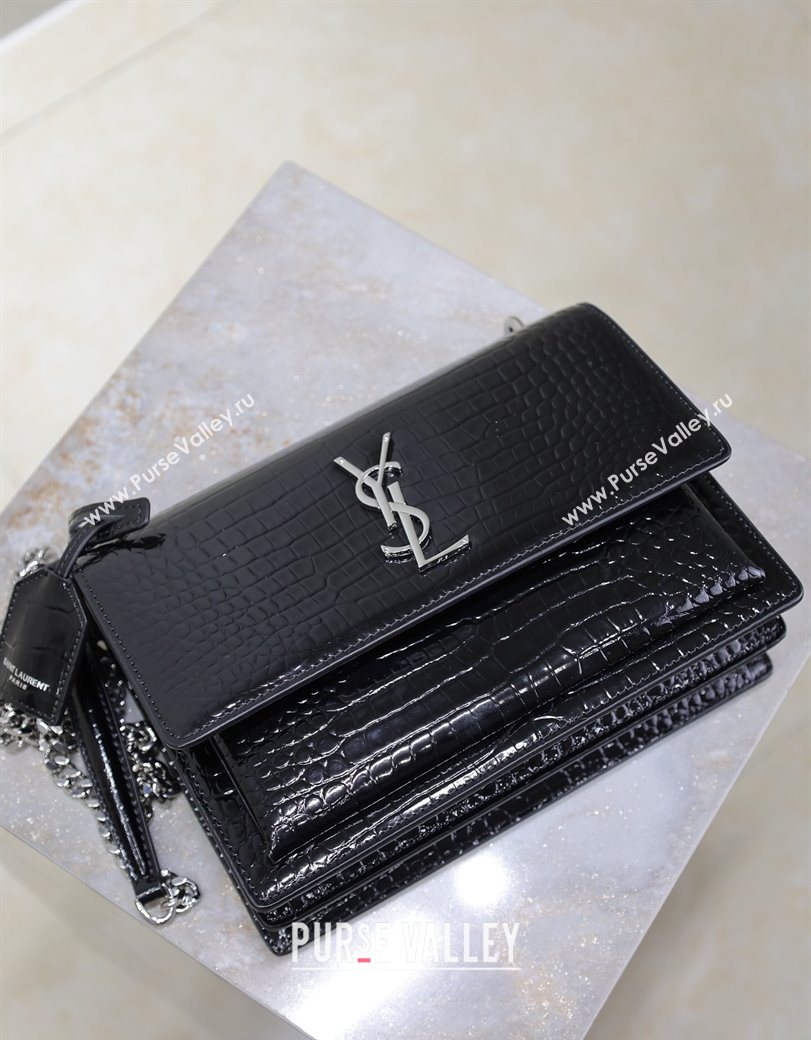 Saint Laurent Sunset Medium Bag in Crocodile Embossed Leather 442906 Black/Silver 2025 (YY-250625089)