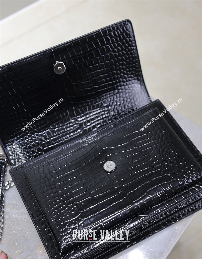 Saint Laurent Sunset Medium Bag in Crocodile Embossed Leather 442906 Black/Silver 2025 (YY-250625089)