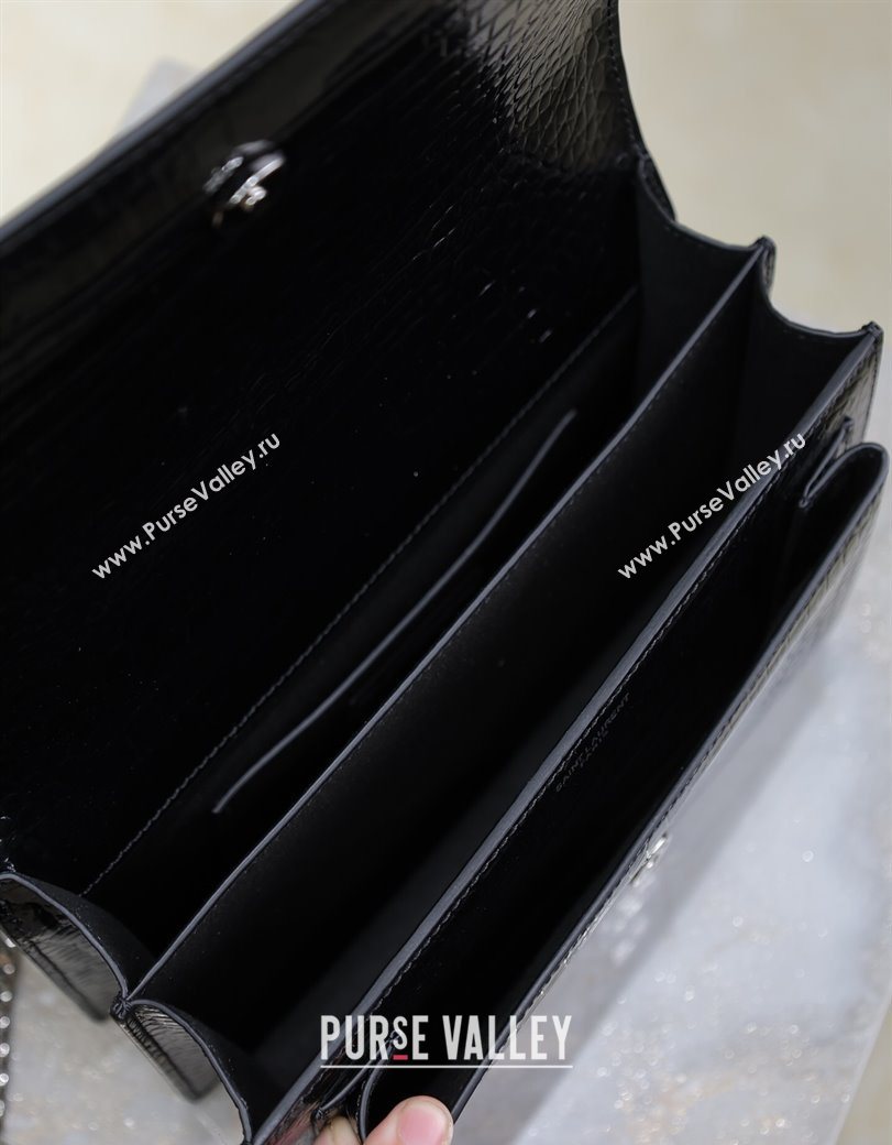 Saint Laurent Sunset Medium Bag in Crocodile Embossed Leather 442906 Black/Silver 2025 (YY-250625089)