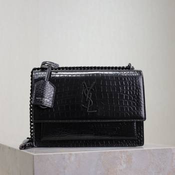 Saint Laurent Sunset Medium Bag in Crocodile Embossed Leather 442906 All Black 2025 (YY-250625090)