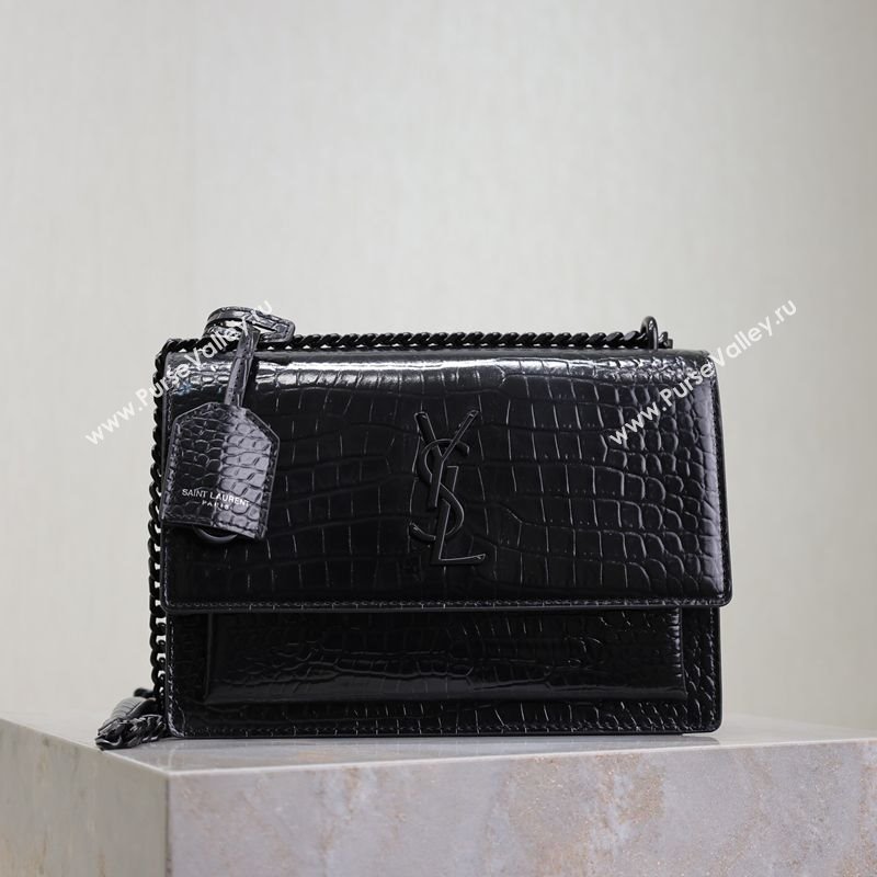 Saint Laurent Sunset Medium Bag in Crocodile Embossed Leather 442906 All Black 2025 (YY-250625090)