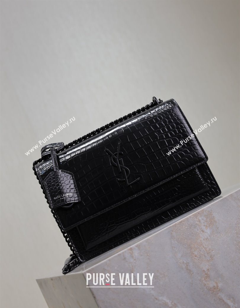 Saint Laurent Sunset Medium Bag in Crocodile Embossed Leather 442906 All Black 2025 (YY-250625090)