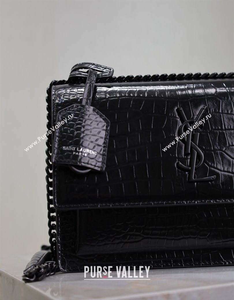 Saint Laurent Sunset Medium Bag in Crocodile Embossed Leather 442906 All Black 2025 (YY-250625090)