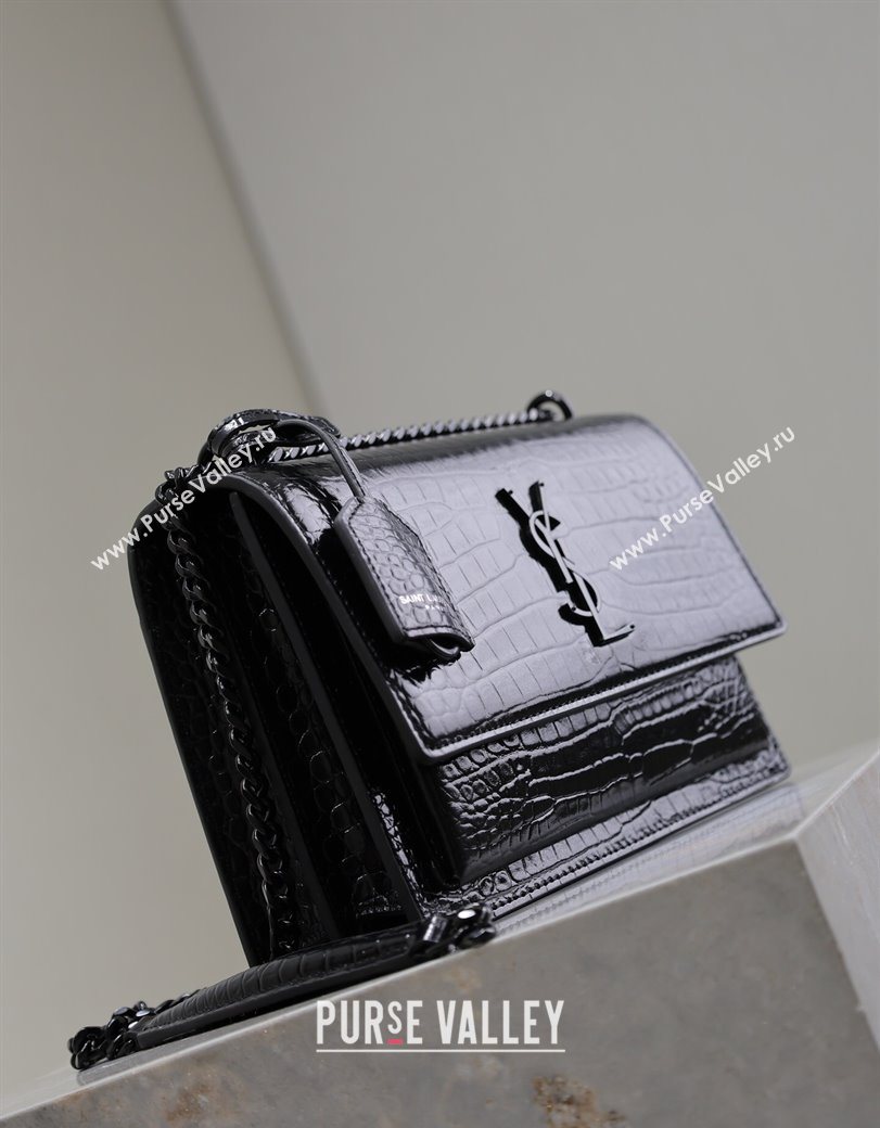 Saint Laurent Sunset Medium Bag in Crocodile Embossed Leather 442906 All Black 2025 (YY-250625090)