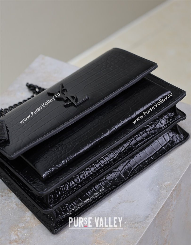Saint Laurent Sunset Medium Bag in Crocodile Embossed Leather 442906 All Black 2025 (YY-250625090)