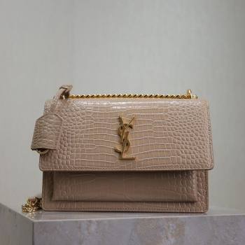 Saint Laurent Sunset Medium Bag in Crocodile Embossed Leather 442906 Beige 2025 (YY-250625091)