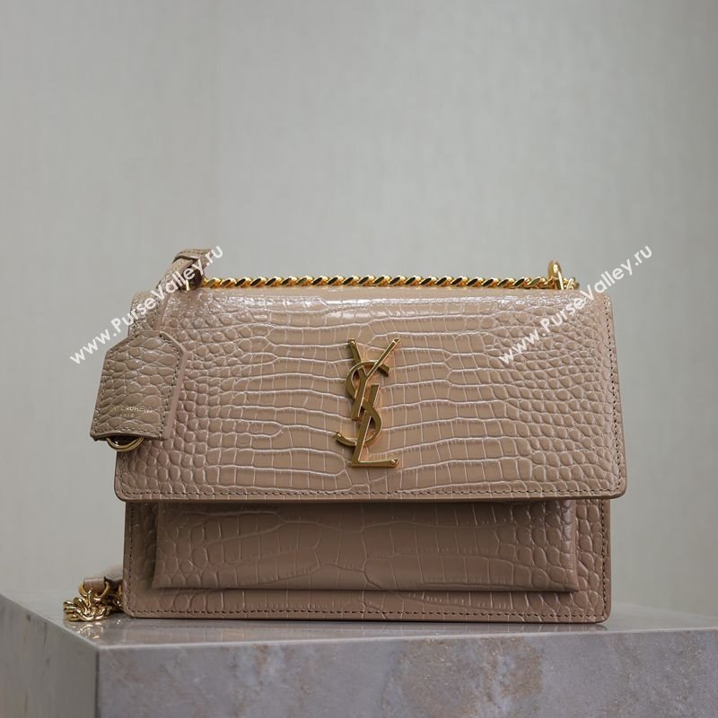 Saint Laurent Sunset Medium Bag in Crocodile Embossed Leather 442906 Beige 2025 (YY-250625091)