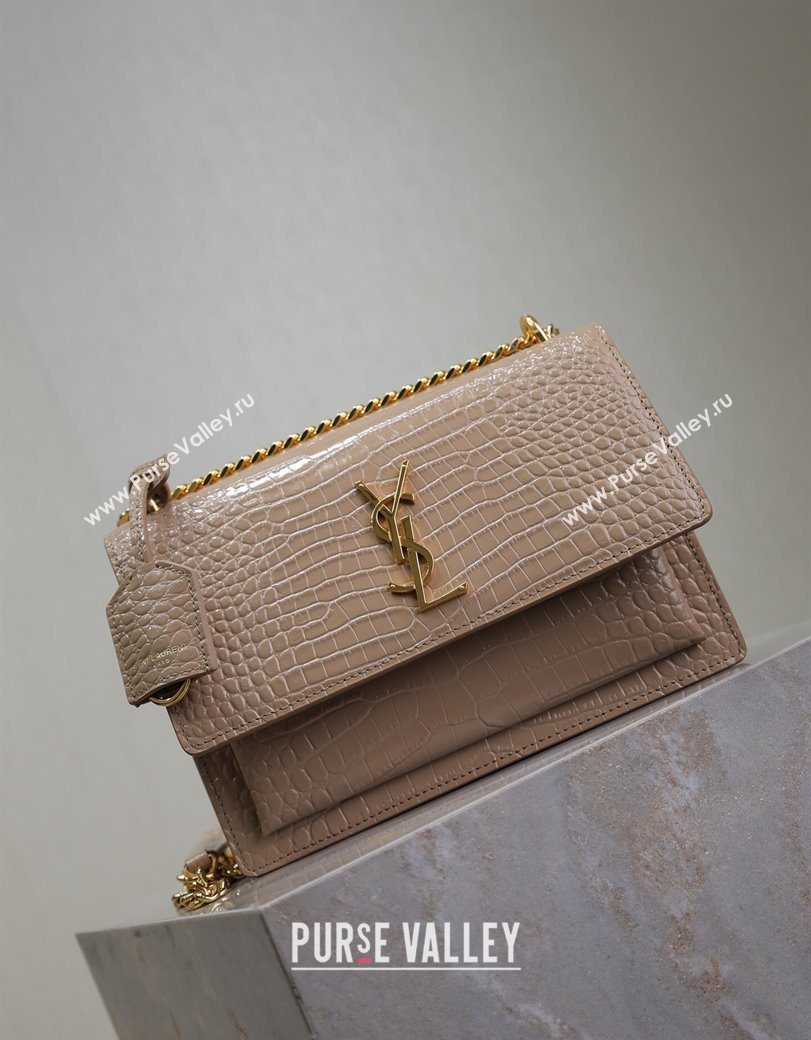Saint Laurent Sunset Medium Bag in Crocodile Embossed Leather 442906 Beige 2025 (YY-250625091)