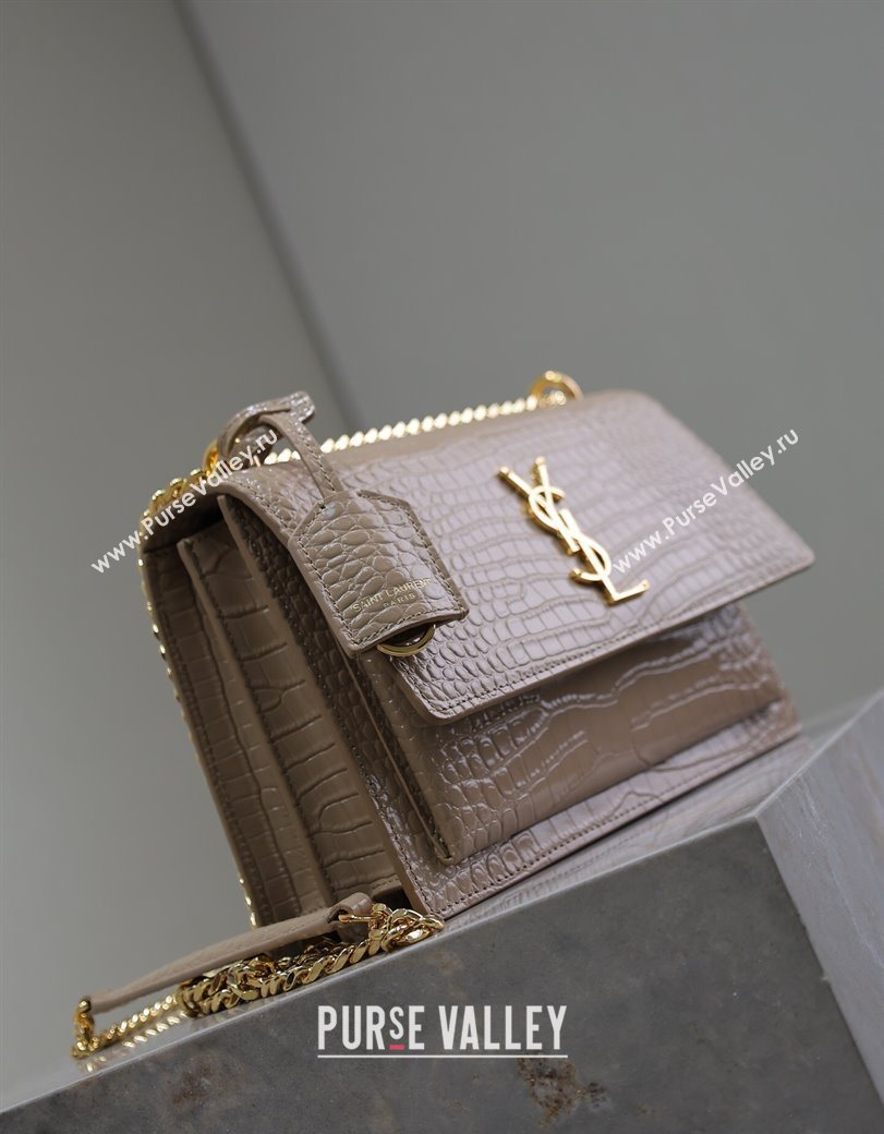 Saint Laurent Sunset Medium Bag in Crocodile Embossed Leather 442906 Beige 2025 (YY-250625091)
