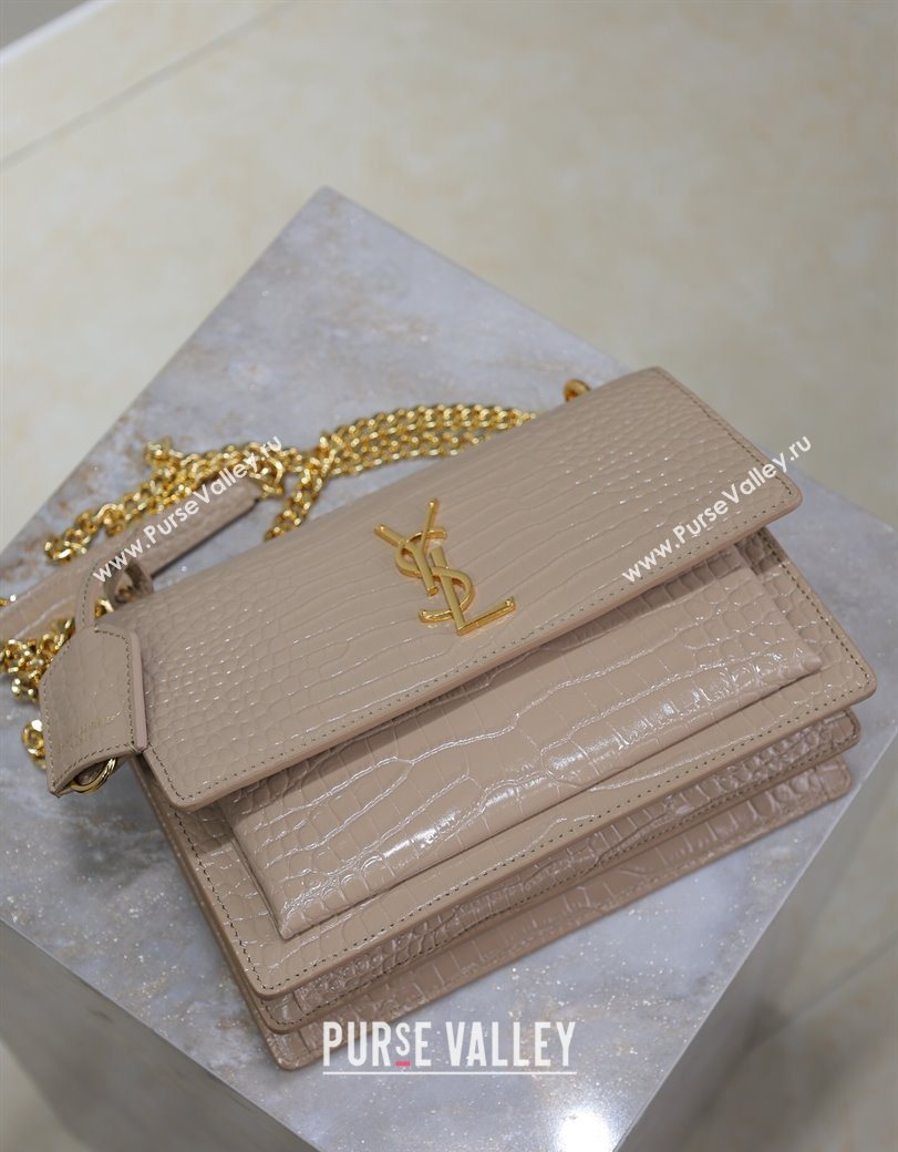 Saint Laurent Sunset Medium Bag in Crocodile Embossed Leather 442906 Beige 2025 (YY-250625091)