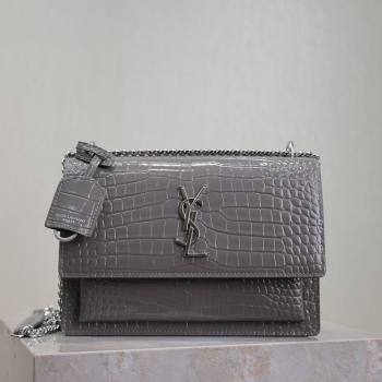 Saint Laurent Sunset Medium Bag in Crocodile Embossed Leather 442906 Grey 2025 (YY-250625094)
