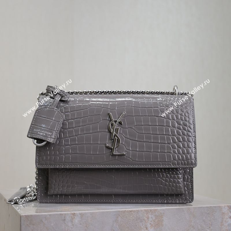 Saint Laurent Sunset Medium Bag in Crocodile Embossed Leather 442906 Grey 2025 (YY-250625094)