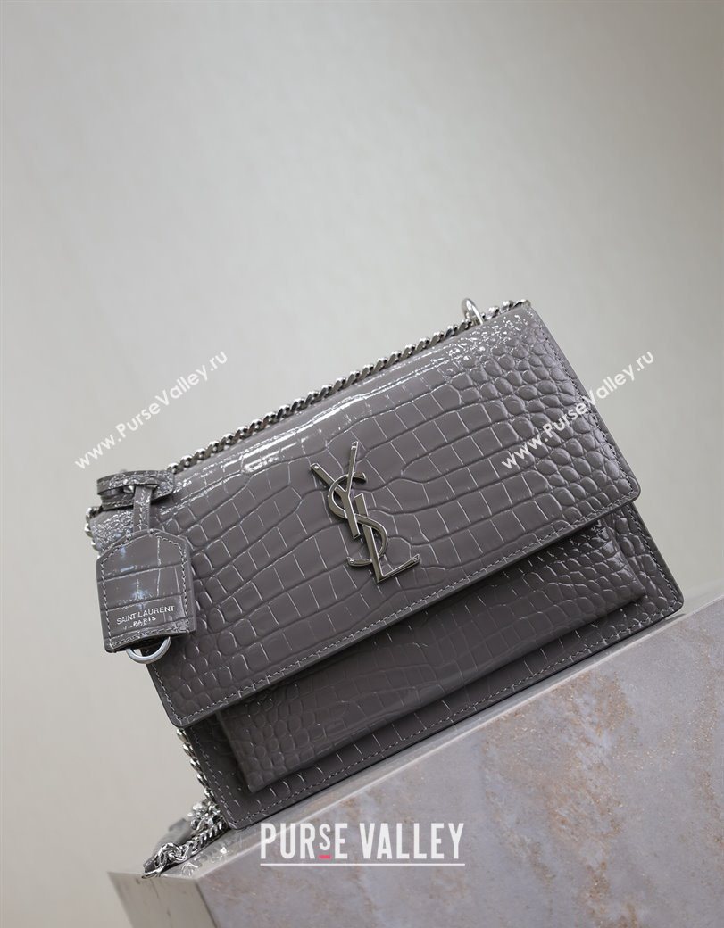 Saint Laurent Sunset Medium Bag in Crocodile Embossed Leather 442906 Grey 2025 (YY-250625094)