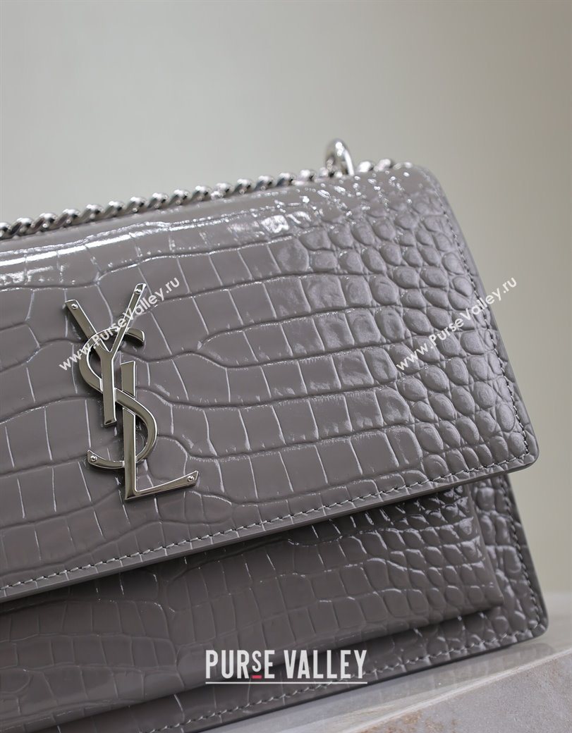 Saint Laurent Sunset Medium Bag in Crocodile Embossed Leather 442906 Grey 2025 (YY-250625094)
