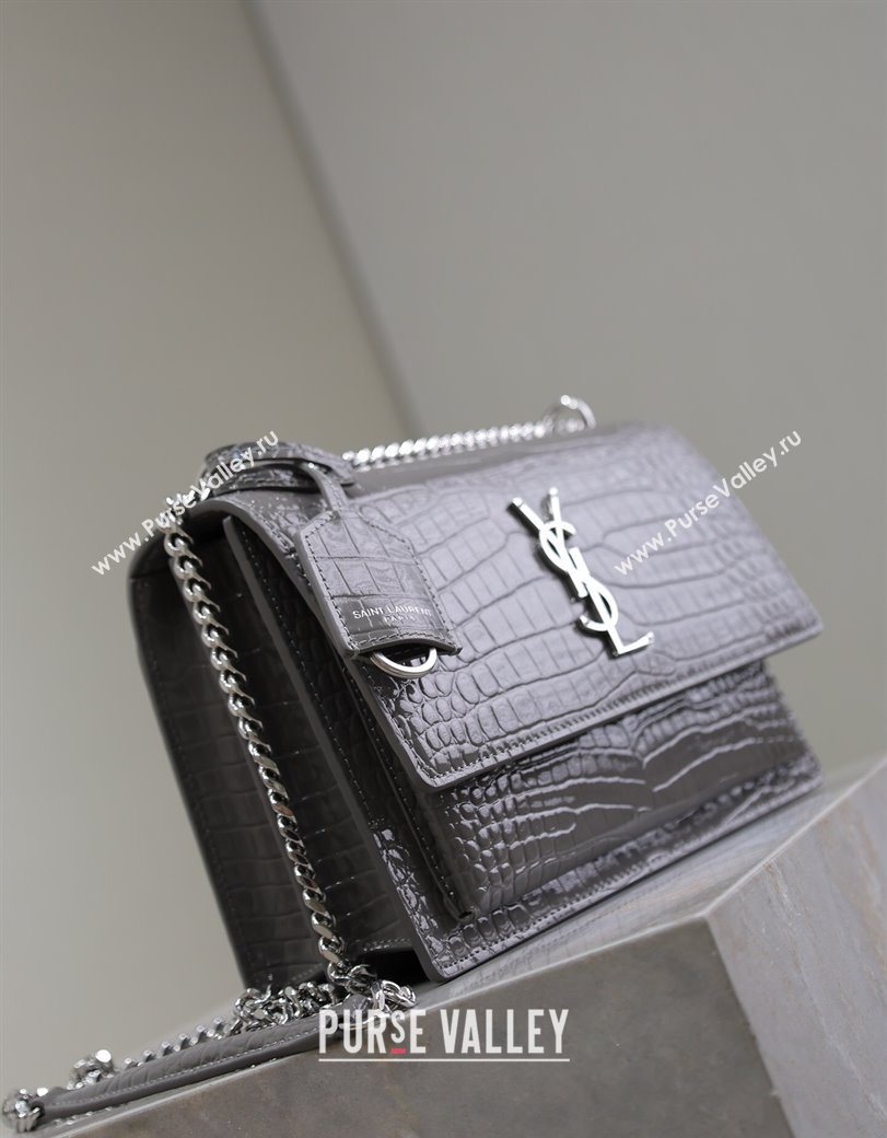 Saint Laurent Sunset Medium Bag in Crocodile Embossed Leather 442906 Grey 2025 (YY-250625094)