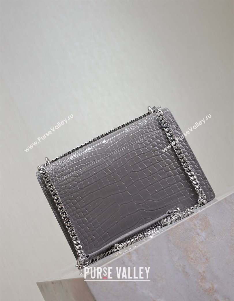 Saint Laurent Sunset Medium Bag in Crocodile Embossed Leather 442906 Grey 2025 (YY-250625094)