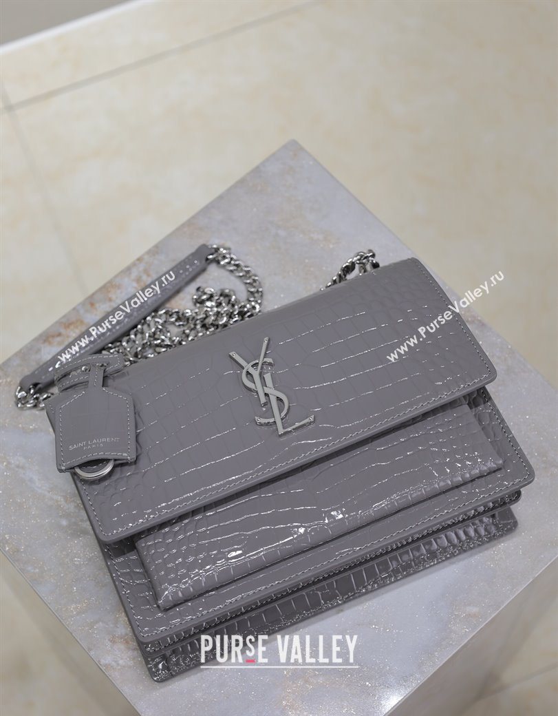 Saint Laurent Sunset Medium Bag in Crocodile Embossed Leather 442906 Grey 2025 (YY-250625094)