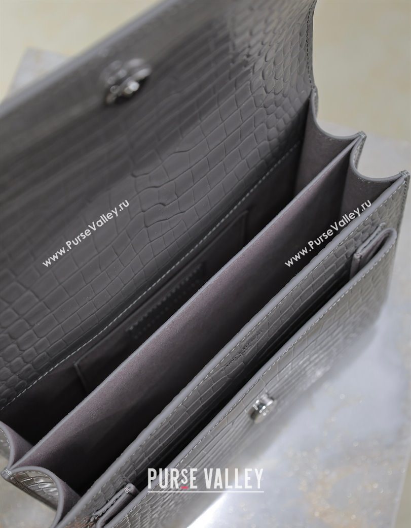Saint Laurent Sunset Medium Bag in Crocodile Embossed Leather 442906 Grey 2025 (YY-250625094)