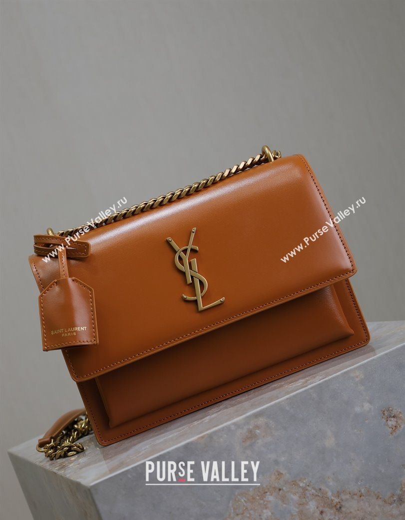 Saint Laurent Sunset Medium Bag in Box Leather 442906 Caramel Brown 2025 (YY-250625095)