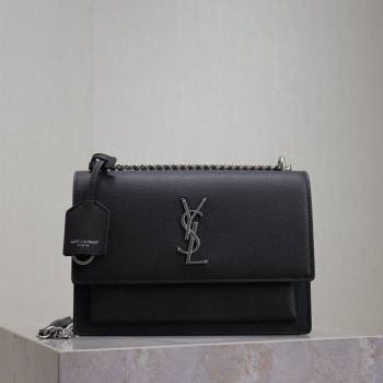 Saint Laurent Sunset Medium Bag in Grained Leather 442906 Black/Silver 2025 (YY-250625096)